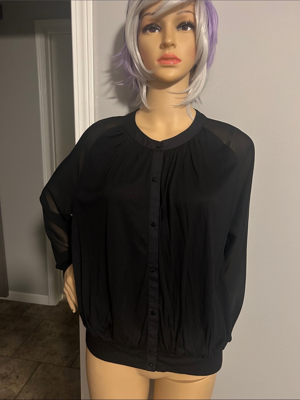 Karen Millen Black Sheer-Sleeve Snap Button  Front Blouse NWT